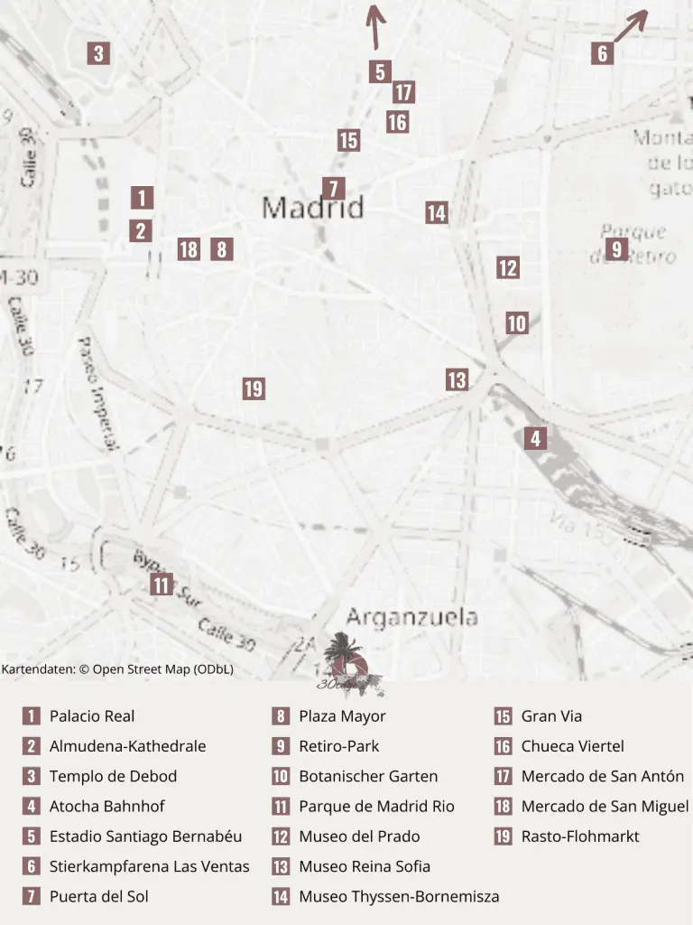 Karte der Sehenswürdigkeiten in Madrid