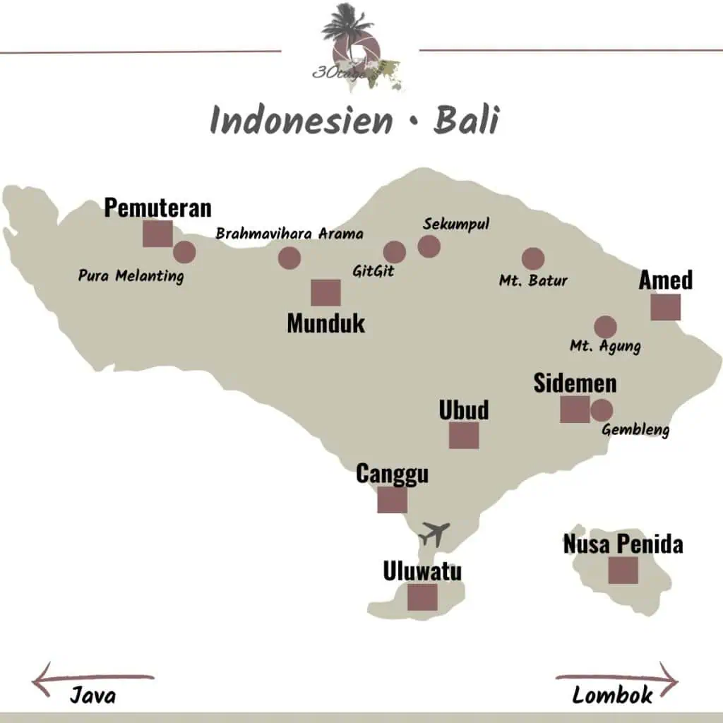 Karte der wichtigen Orte und versteckten Highlights auf Bali