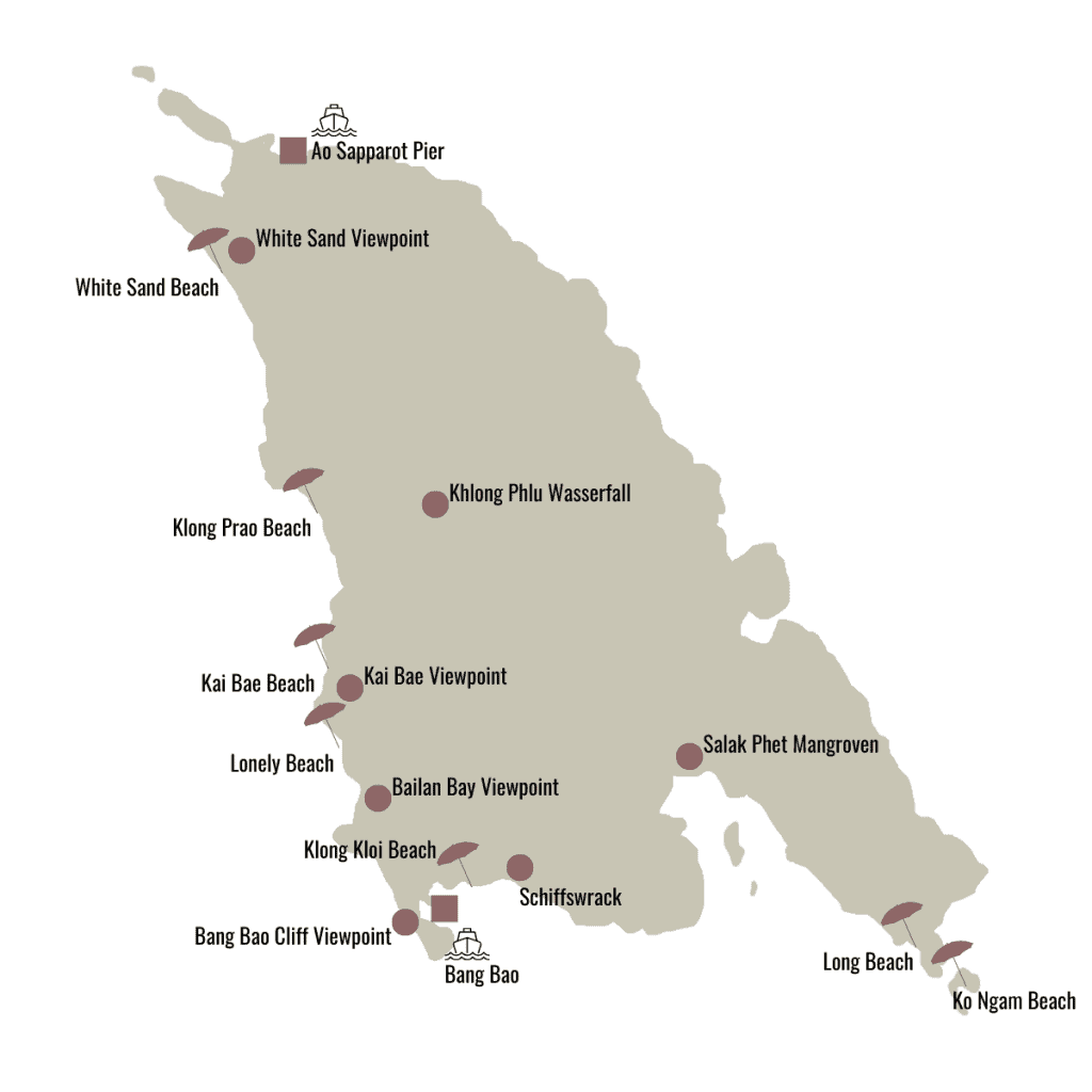Karte mit den Orten und Sehenswürdigkeiten auf Koh Chang Thailand