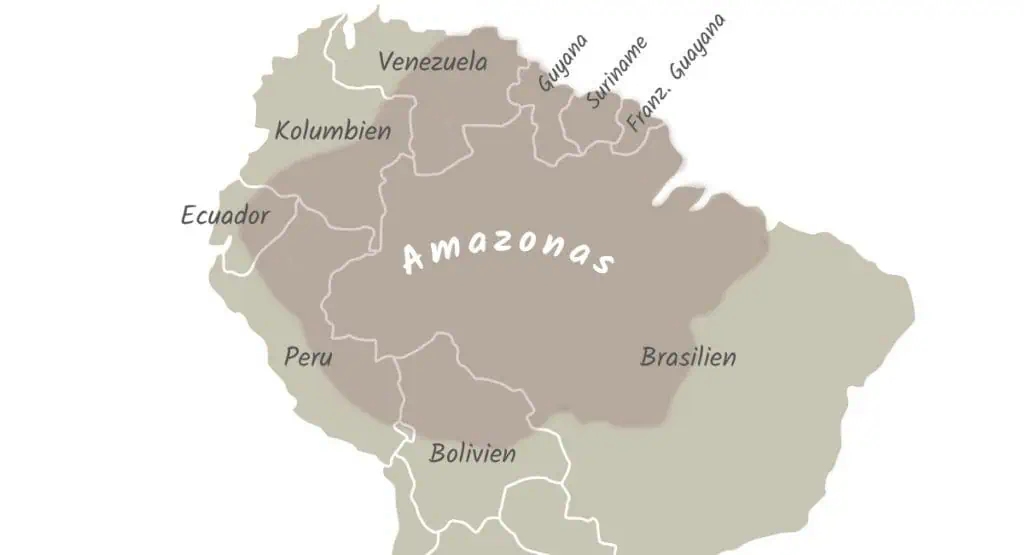 Karte des Amazonas Gebietes mit den angrenzenden Ländern