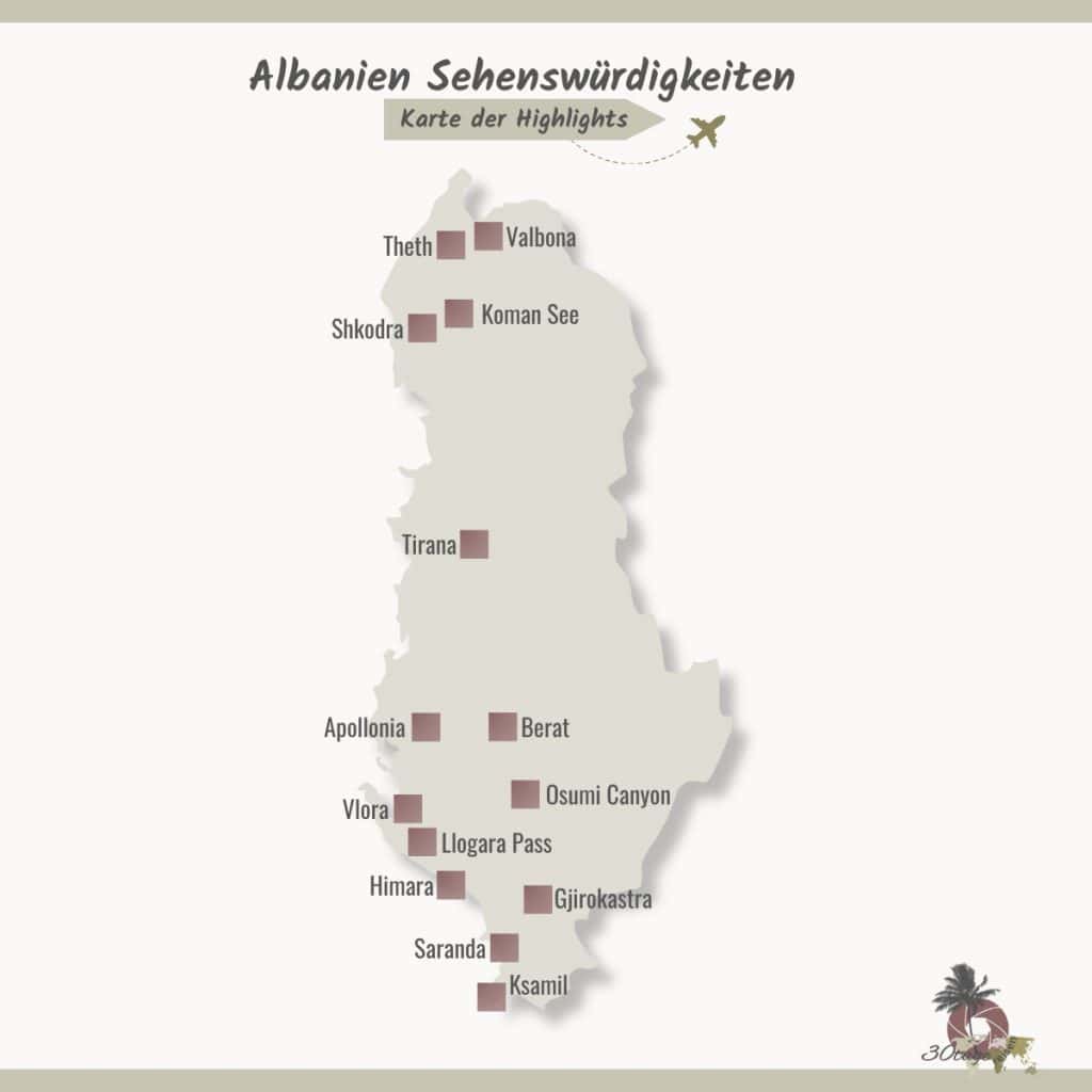 Karte der Sehenswürdigkeiten in Albanien