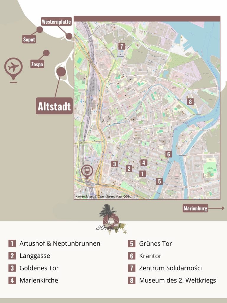 Karte der Sehenswürdigkeiten in Danzig