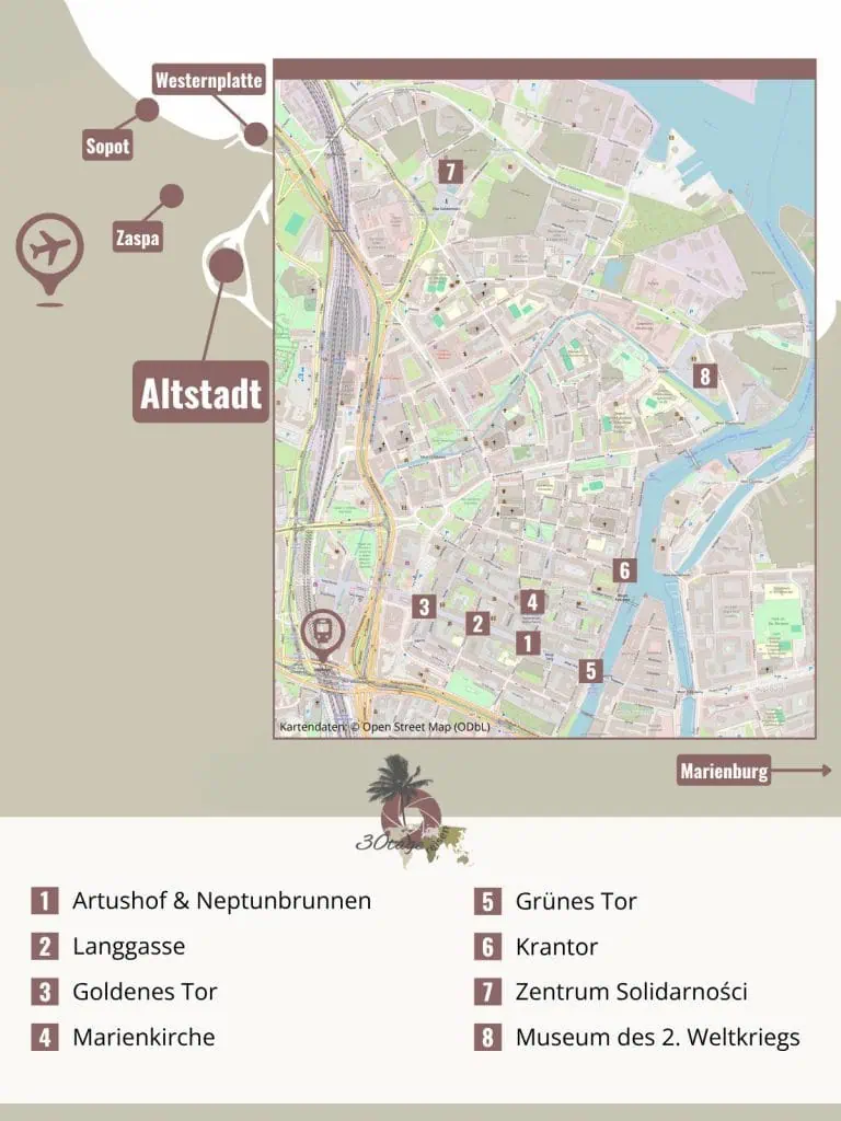 Karte der Sehenswürdigkeiten in Danzig