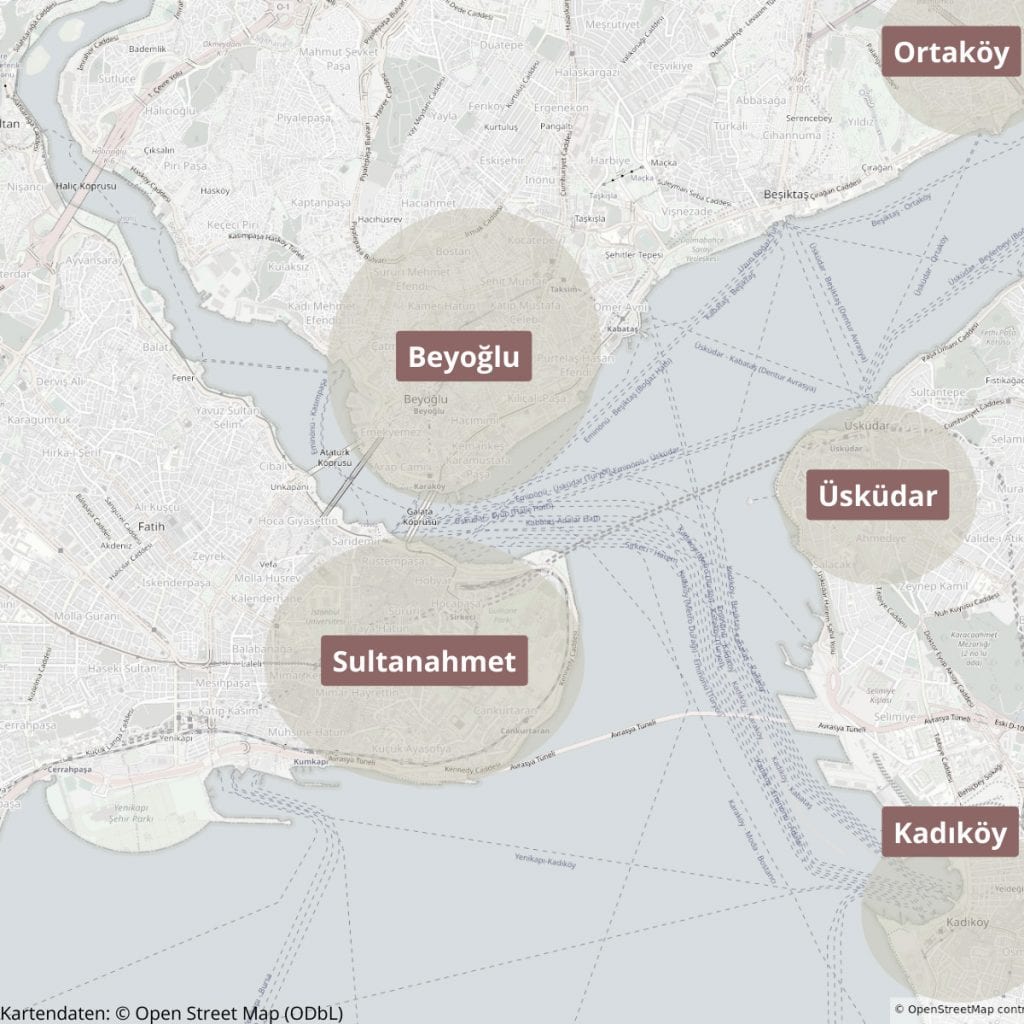Istanbul Hotel und Unterkunft Karte der Viertel und Stadtteile in Istanbul