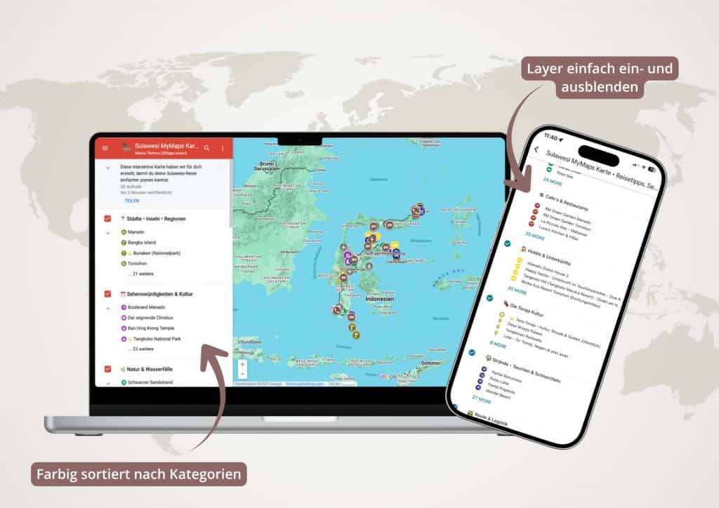 Layer für Toraja Totenkult Sehenswürdigkeiten auf Sulawesi Karte