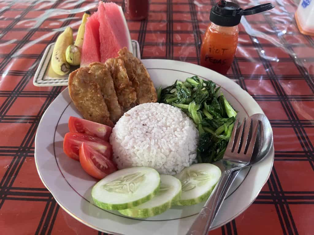 Typisches Essen auf Sulawesi mit Reis und Tempeh