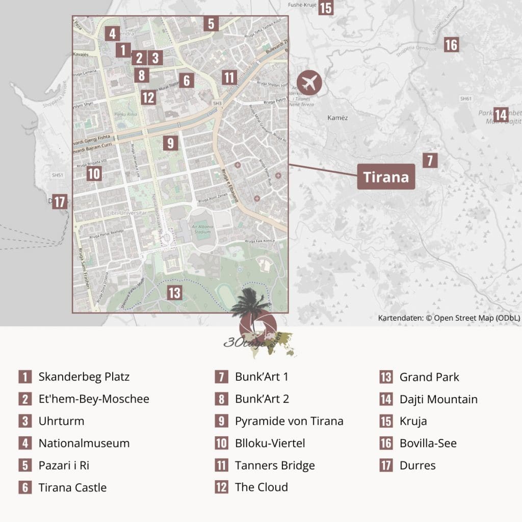 Karte der Sehenswürdigkeiten in Tirana