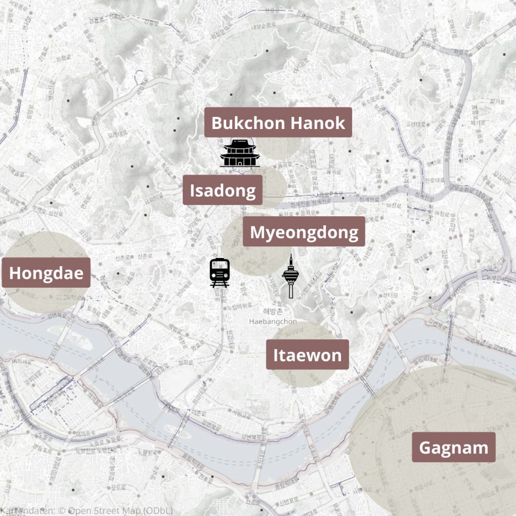 Viertel zum Übernachten in Seoul Karte