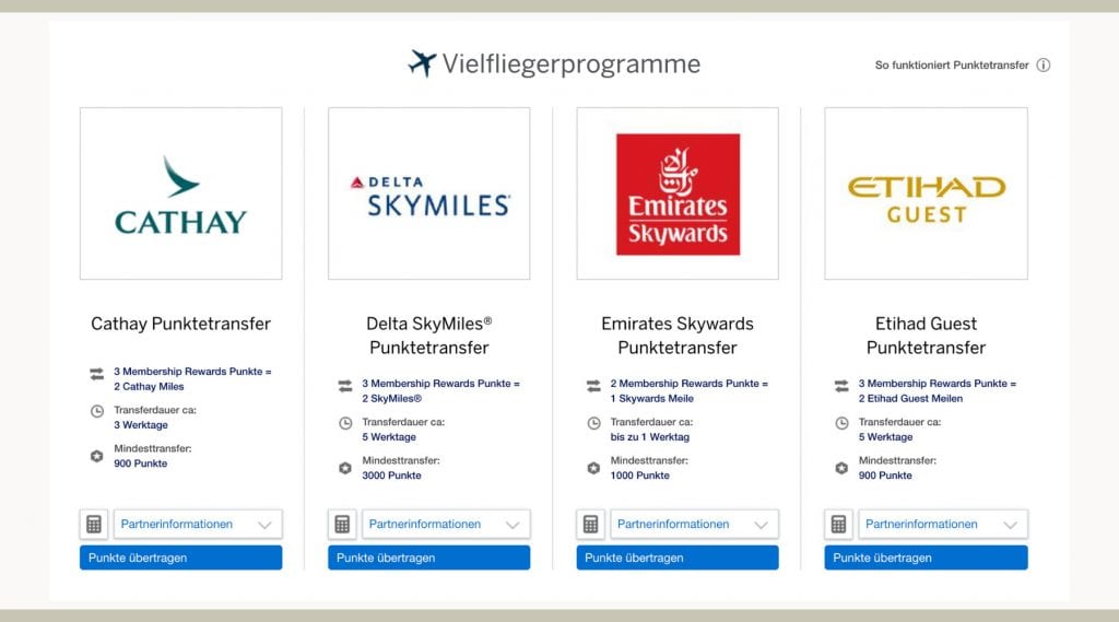 Airline Transferpartner von Membership Rewards Punkten