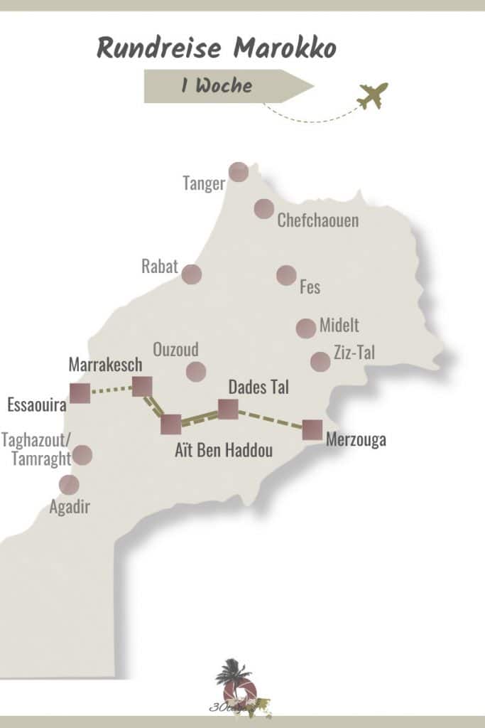 Marokko Route für 1 Woche: Kartenübersicht mit drei Optionen – Marrakesch und Essaouira, Marrakesch mit Ait Ben Haddou und Dades Schlucht, oder Marrakesch mit Wüste Merzouga