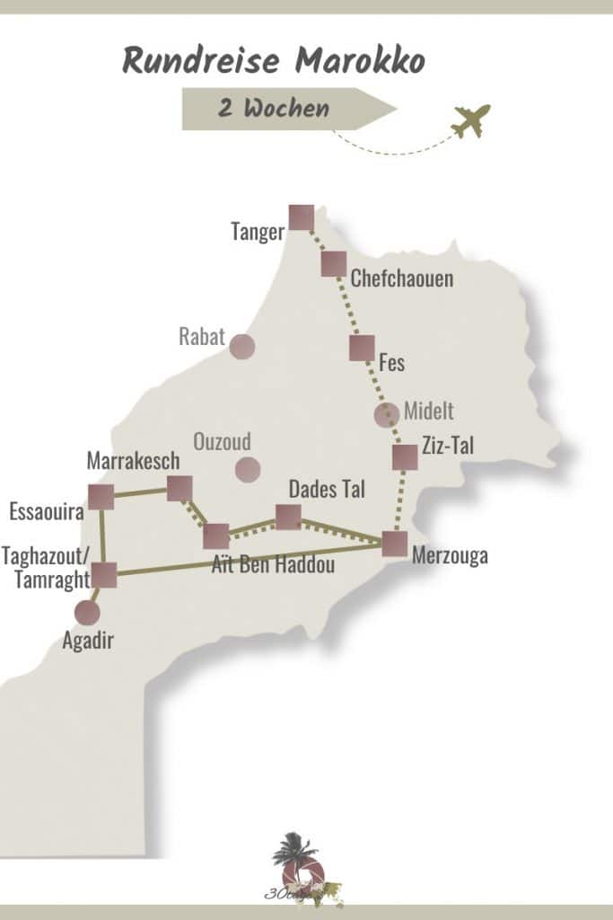 Marokko Rundreise Route für 2 Wochen ab Tanger: Tanger, Chefchaouen, Fes, Ziz-Tal, Merzouga, Dades Tal, Ait Ben Haddou, Marrakesch und Atlantikküste