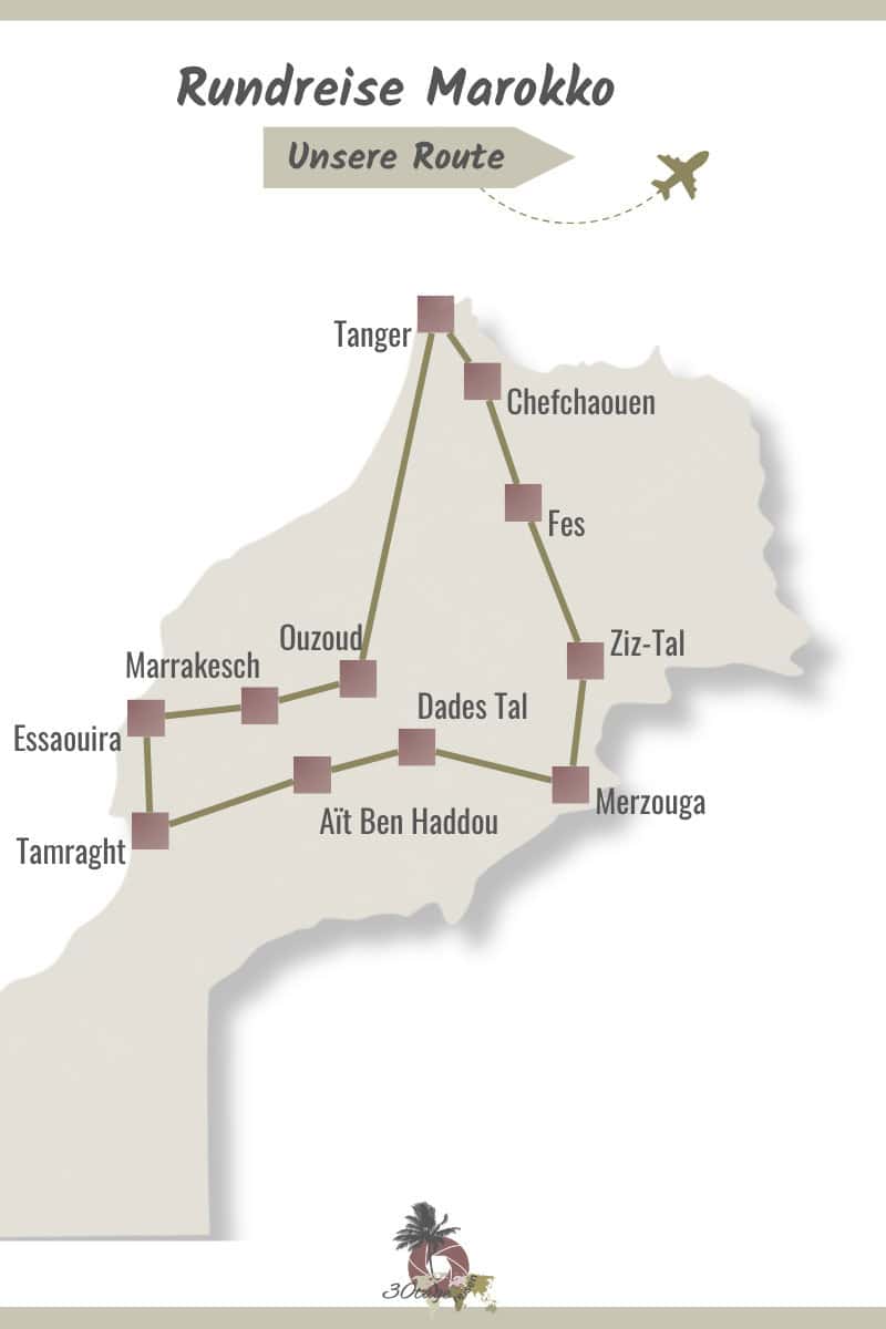 Karte der Marokko Rundreise über 3–4 Wochen: Route von Marrakesch über Tanger, Chefchaouen und Fès durch die Sahara bei Merzouga, durch die Dades-Schlucht, entlang der Atlantikküste mit Essaouira und Agadir bis nach Taghazout.