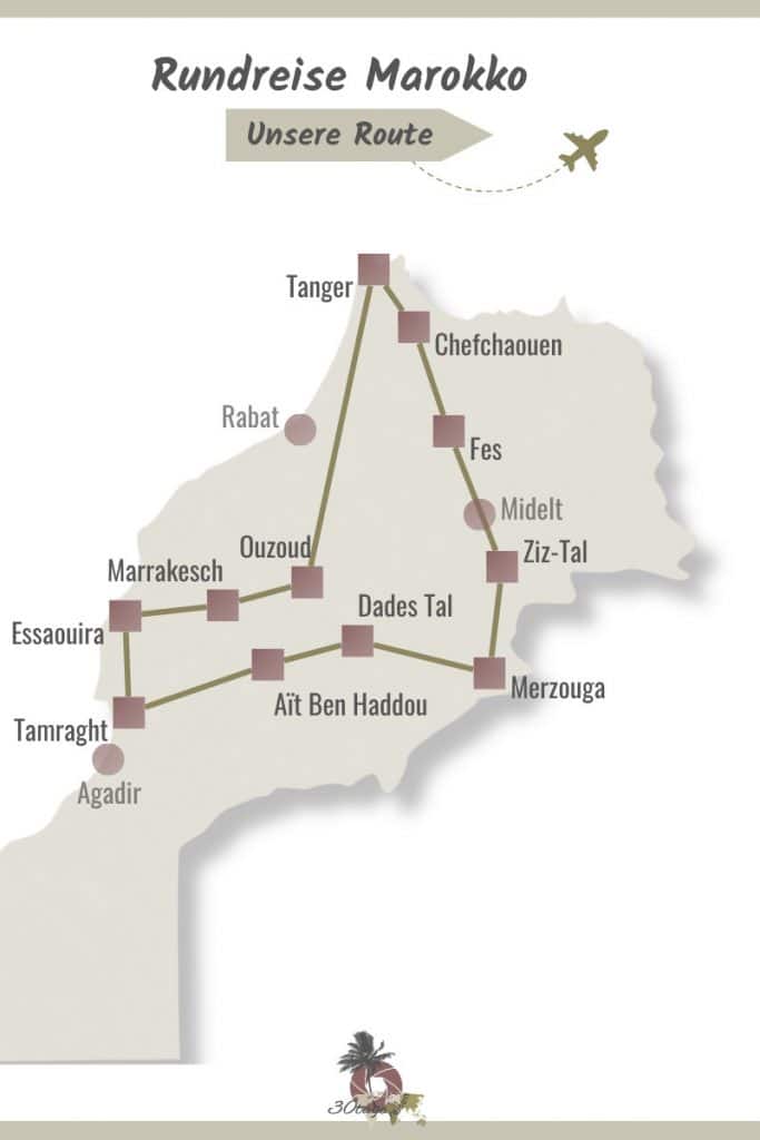 Karte der Marokko Rundreise Route über 4 Wochen: Von Marrakesch über Ouzoud, Tanger, Chefchaouen, Fes, Ziz-Tal, Merzouga, Dades Tal, Ait Ben Haddou, Tamraght und Essaouira