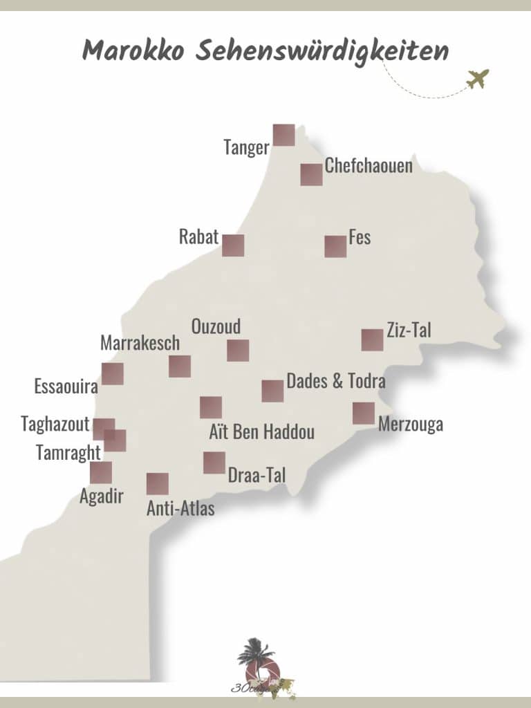 Karte der Sehenswürdigkeiten in Marokko - Von der Sahara bis zum Atlantik