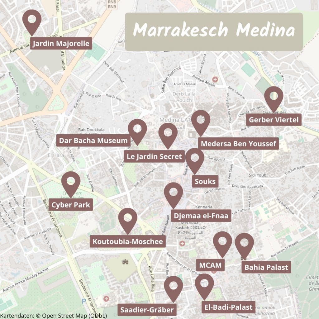 Karte der Sehenswürdigkeiten und Highlights in Marrakesch Marokko